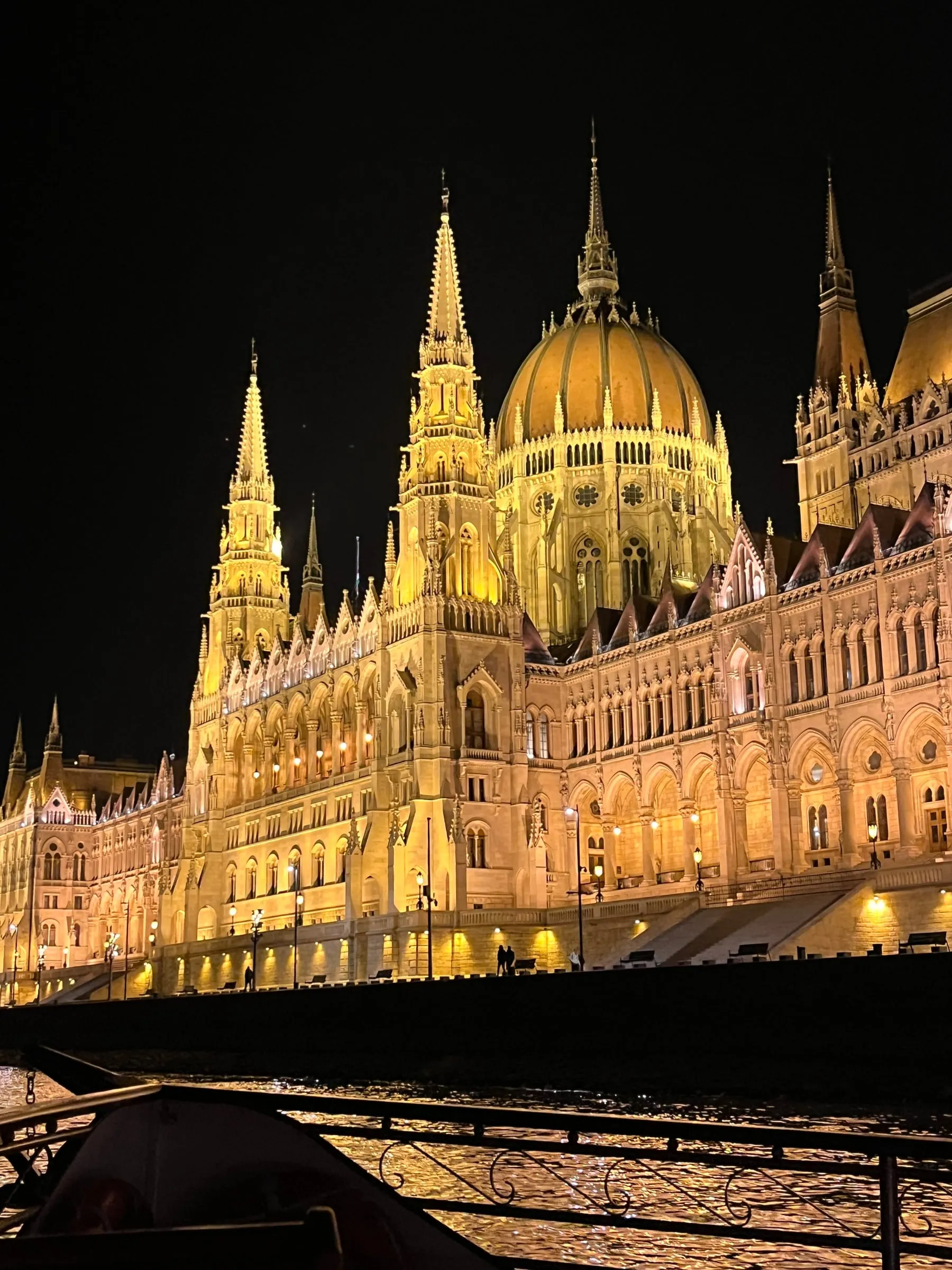 The illuminated dome and spires of the Hungarian Parliament against the night sky.