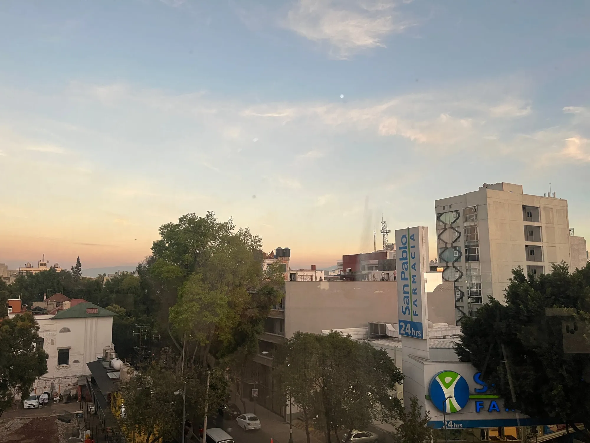 Trees and apartment buildings viewed from above at dusk.